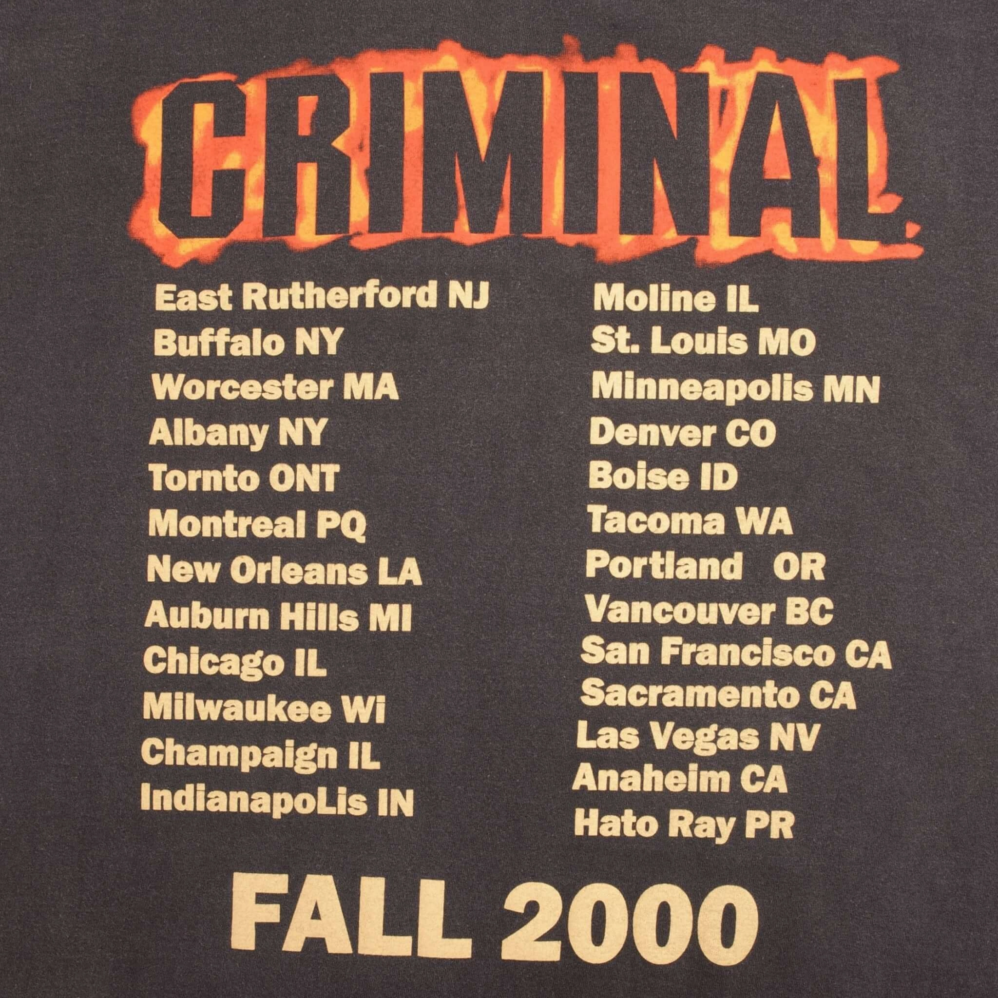 BOOTLEG RAP TEE SHIRT EMINEM CRIMINAL TOUR 2000 SIZE XL SINGLE STITCH
