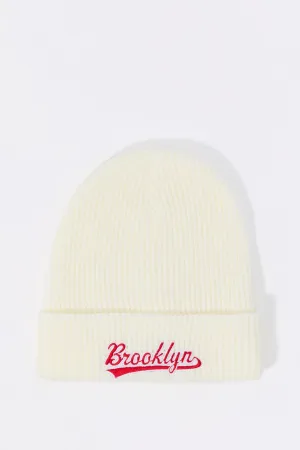 City Embroidered Ribbed Knit Beanie