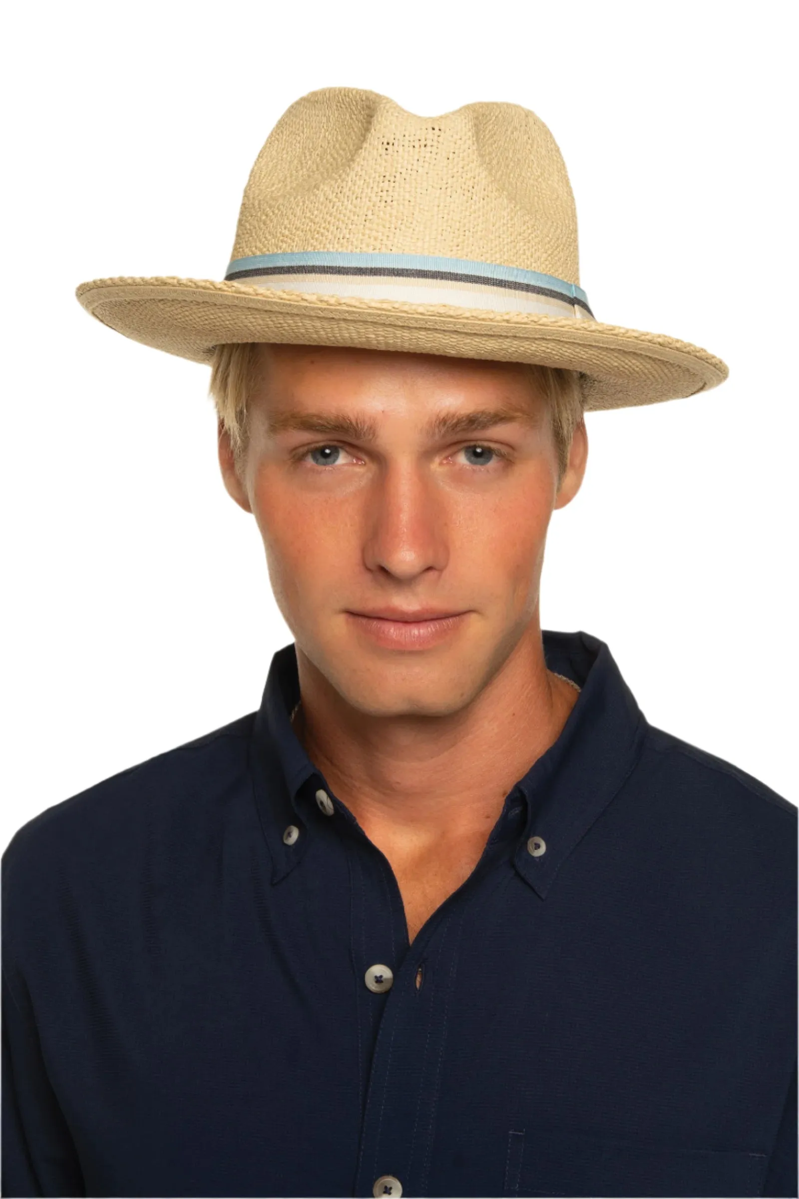 Men's Surf Club  - Hand Woven Fedora Rugby Stripe Band | Natural