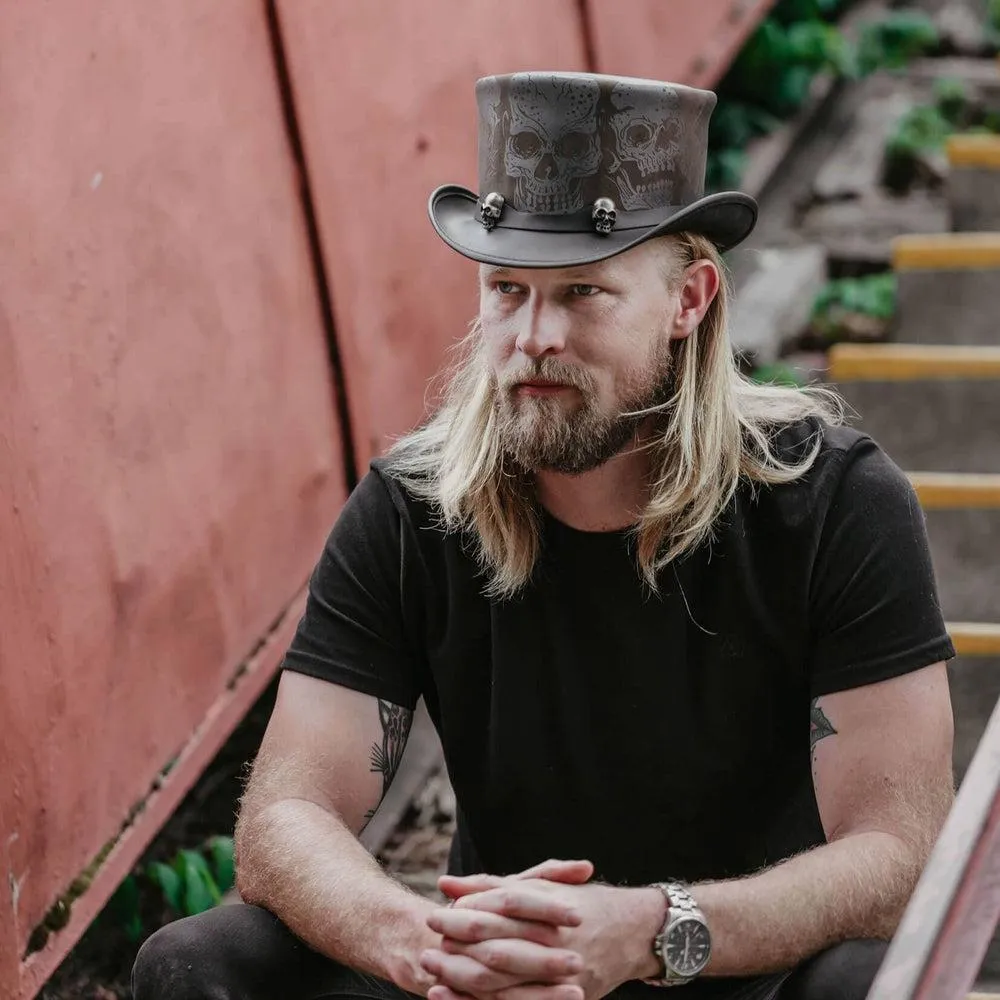 Silver Skull | Mens Leather Top Hat with Skull Hat Band