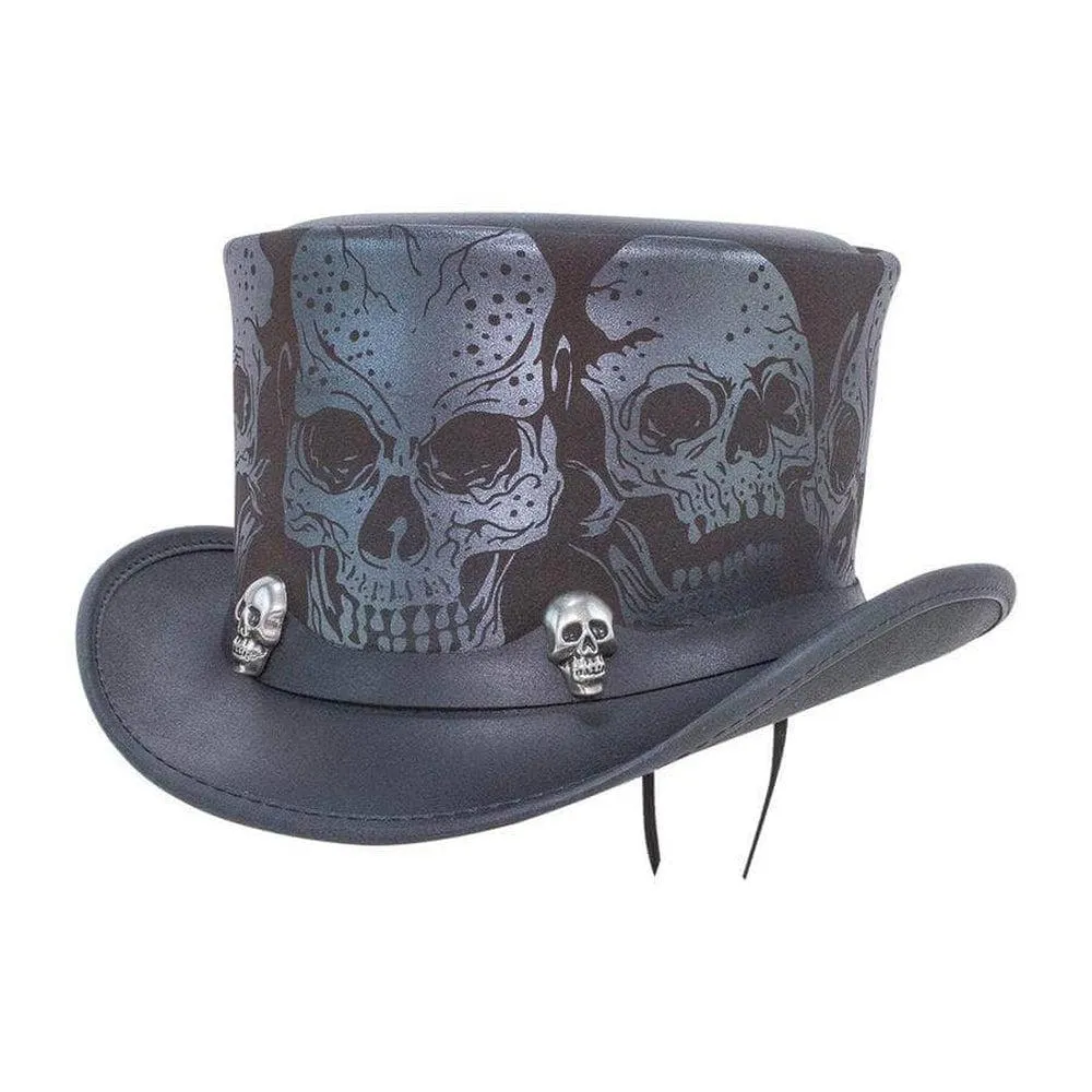 Silver Skull | Mens Leather Top Hat with Skull Hat Band