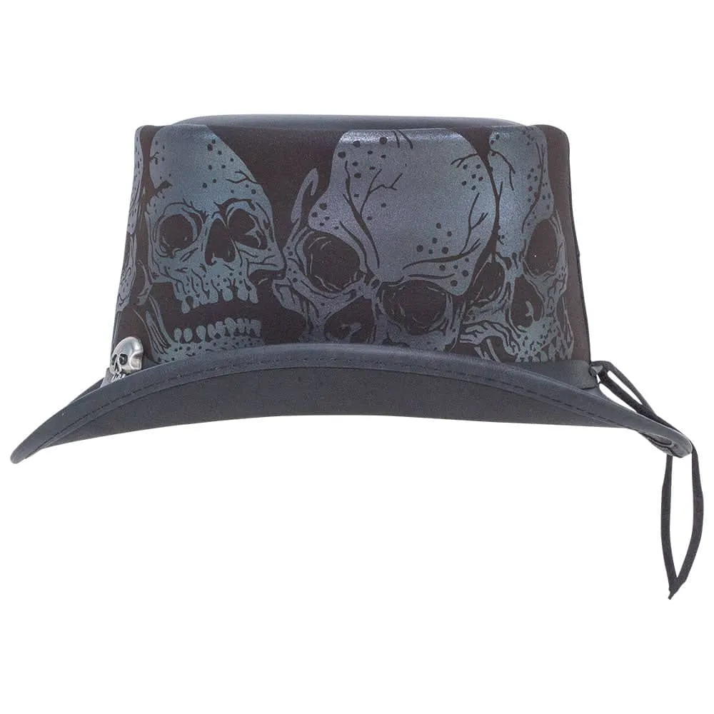 Silver Skull | Mens Leather Top Hat with Skull Hat Band