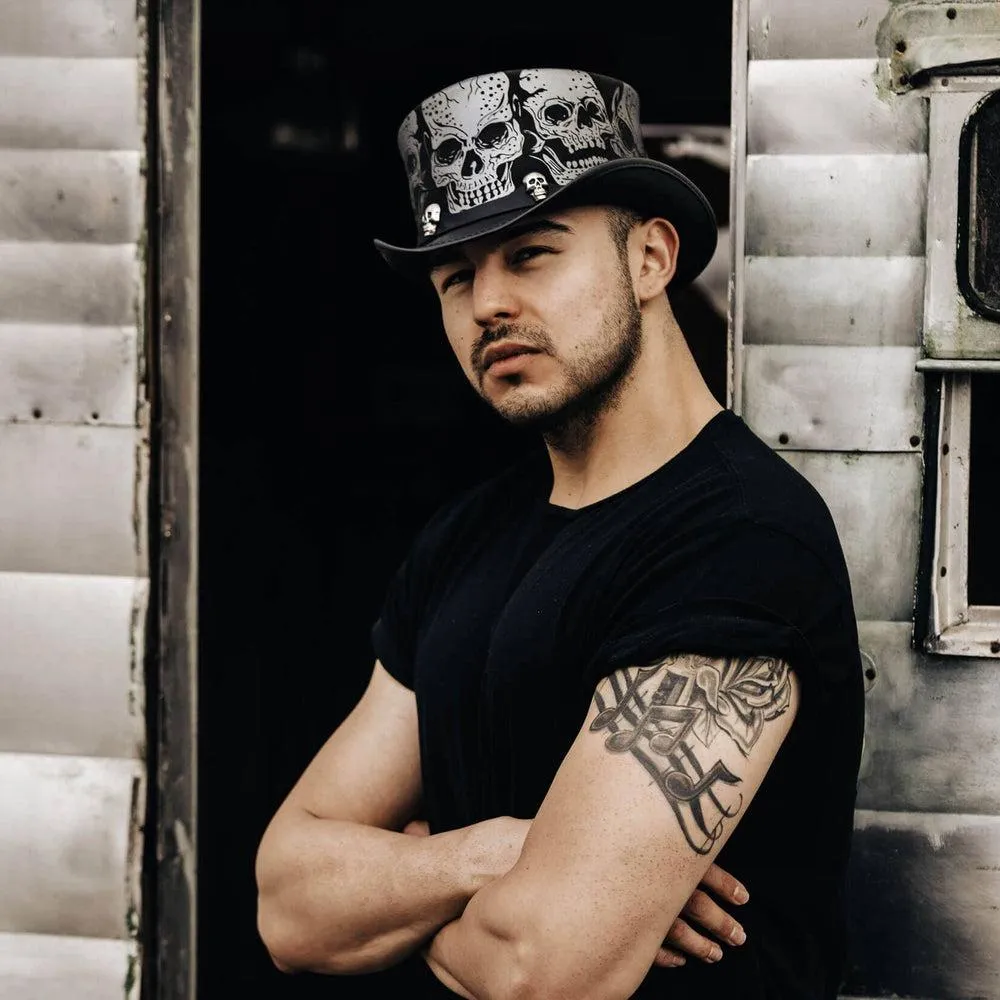 Silver Skull | Mens Leather Top Hat with Skull Hat Band