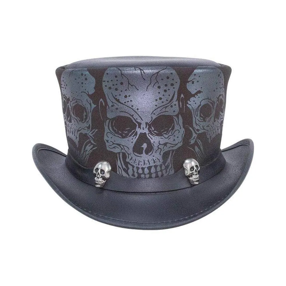 Silver Skull | Mens Leather Top Hat with Skull Hat Band