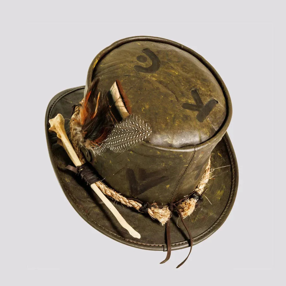 Wiccan | Mens Distressed Leather Top Hat with Skull Bone Hat Band